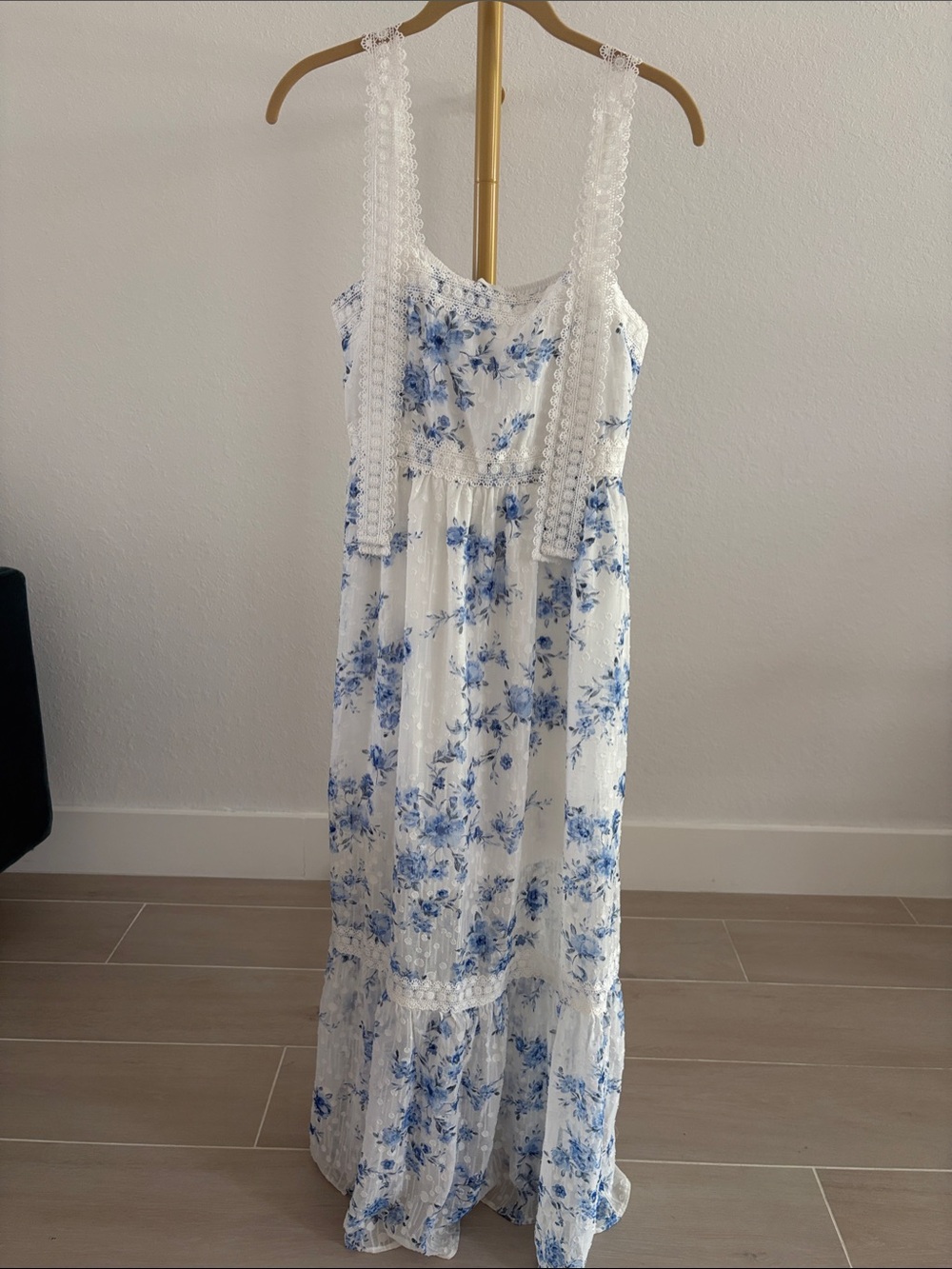 August Sky White and Blue Floral Lace-Trim Dress